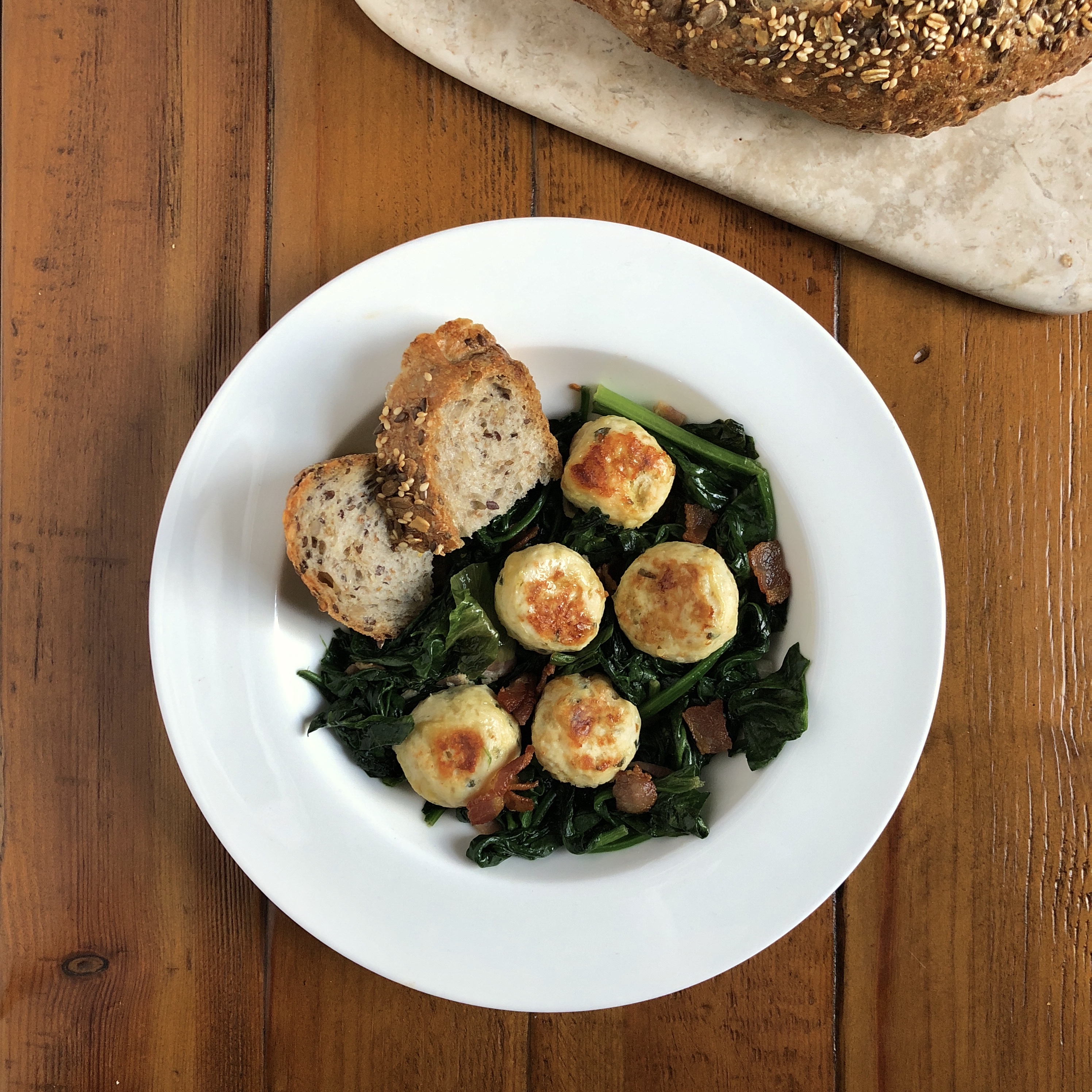 Chicken Meatballs with Wilted Greens and Bacon Thirsty Radish