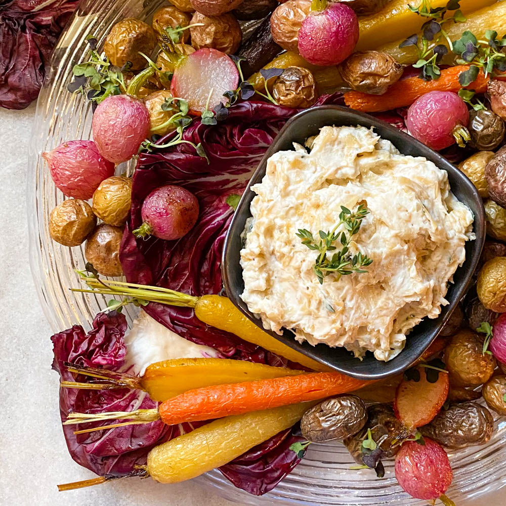 Roasted carrots, potatoes, and radishes with caramelized onion dip