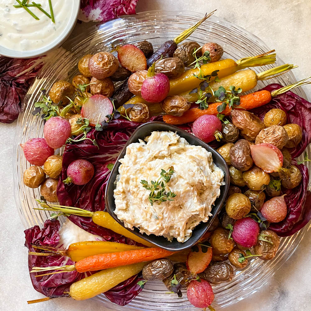 Roasted carrots, potatoes, and radishes with herbed ricotta and onion dip